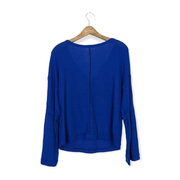Free People We The Free Sapphire Blue Dahlia Waffle Knit Bell Sleeve Top - Picture 3 of 10